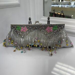 Handmade Sasha Evening Bag - Beaded Silver Clutch with Fringe & Flowers